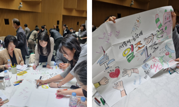 퍼실리테이터와 함께 분임토의를 하고 분임별 이름과 다짐을 적는 작업을 하고 있다