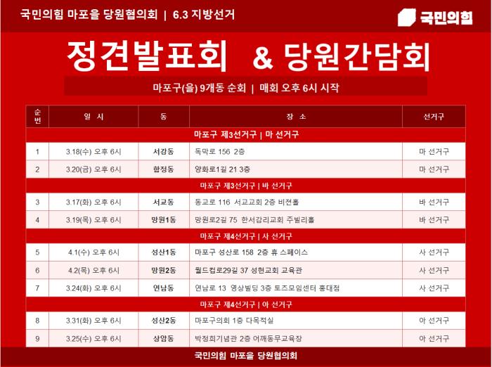 국민의힘 마포을, 6·3 지방선거 앞두고 ‘정견발표회·당원 간담회’ 순회 개최 기사 이미지