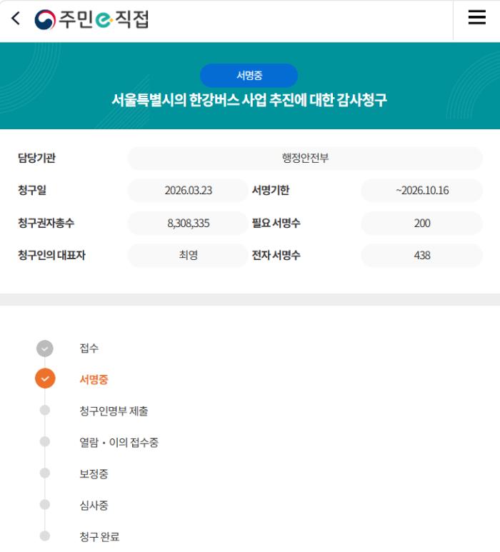 한강버스 사업, 주민감사청구 본격화…“절차·예산 전면 검증 요구”